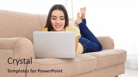  Presentation with online shopping - Presentation theme with retail operasation - young woman shopping online background and a  colored foreground