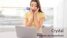  Presentation with cashback online shopping - Presentation having retail operasation - young woman shopping online background and a  colored foreground