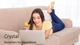  Presentation with online shopping - Audience pleasing presentation theme consisting of retail operasation - young woman shopping online backdrop and a  colored foreground