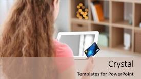  Presentation with online shopping - Cool new presentation theme with retail operasation - young woman shopping online backdrop and a  colored foreground