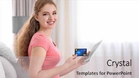  Presentation with online shopping and delivery - Presentation having retail operasation - young woman shopping online background and a  colored foreground