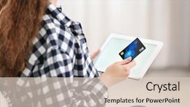  Presentation with online shopping - PPT theme featuring retail operasation - young woman shopping online background and a  colored foreground