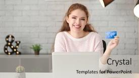  Presentation with online shopping - Amazing PPT theme having retail operasation - young woman shopping online backdrop and a  colored foreground