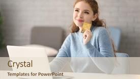  Presentation with earn money for shopping online - Beautiful presentation theme featuring retail operasation - young woman shopping online backdrop and a  colored foreground