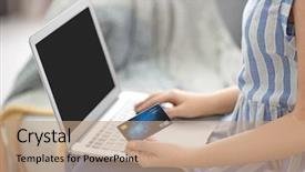  Presentation with cashback online shopping - Presentation theme featuring retail operasation - young woman shopping online background and a  colored foreground