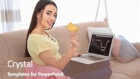  Presentation with online shopping - Presentation theme consisting of retail operasation - young woman shopping online background and a  colored foreground