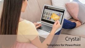  Presentation with online grocery shopping - Presentation with retail operasation - young woman shopping online background and a  colored foreground