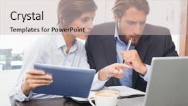  Presentation with coffee shop - Amazing theme having happy tourists with suitcases taking selfie on grey background backdrop and a gray colored foreground.