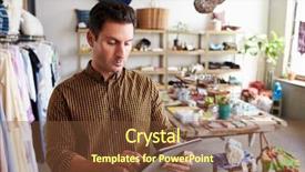  Presentation with clothes shop - Presentation design with retail sales - male manager using tablet computer background and a tawny brown colored foreground