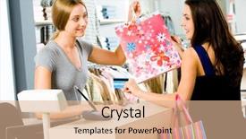  Presentation with bag - Cool new PPT theme with retail sales - portrait of shop assistant giving backdrop and a coral colored foreground