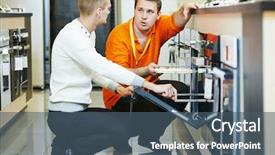  Presentation with family shopping - Slides featuring retail sales - sale assistant demonstrating cooker stove background and a ocean colored foreground