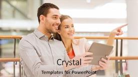  Presentation with young happy couple - Colorful slides enhanced with retail sales - sale consumerism technology and people backdrop and a soft green colored foreground