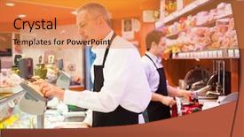  Presentation with retail store - PPT layouts featuring retail sales - shopkeepers working in their grocery background and a gold colored foreground