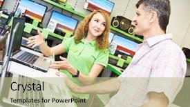  Presentation with electronics - Audience pleasing presentation design consisting of retail sales - shopping concept happy seller assistant backdrop and a mint green colored foreground