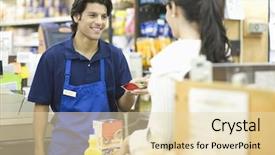  Presentation with apron - Colorful presentation theme enhanced with retail sales - supermarket employee in blue apron backdrop and a lemonade colored foreground