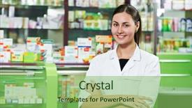  Presentation with chemist - PPT theme with retail seller - cheerful pharmacist chemist woman standing background and a seafoam green colored foreground
