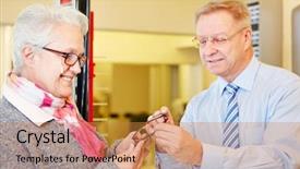  Presentation with happy new year 2022 - Presentation theme featuring retail seller - happy senior woman buying new background and a gold colored foreground