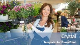  Presentation with female - PPT layouts having retail seller - portrait of smiling mid adult background and a teal colored foreground