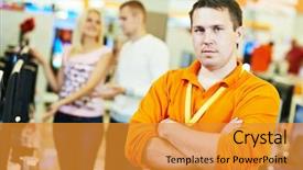  Presentation with supermarket - Beautiful slides featuring retail seller - portrait shop assistants in supermarket backdrop and a gold colored foreground