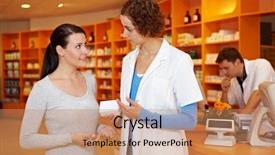 Presentation with retail - PPT layouts having retail services - pharmacist talking to woman background and a coral colored foreground