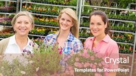  Presentation with cultural diversity women - Cool new PPT layouts with retail services - three women holding potted flower backdrop and a  colored foreground