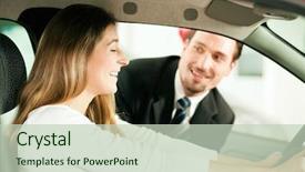 Presentation with auto dealership - Audience pleasing slides consisting of retail services - woman buying a car backdrop and a soft green colored foreground