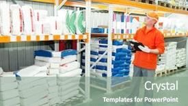  Presentation with depot tank - PPT layouts having retail services - worker with cardboard at warehouse background and a gray colored foreground