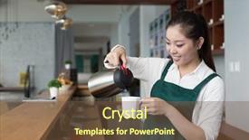  Presentation with golden burst of fire works - Slide set with retail services - young beautiful woman works near background and a tawny brown colored foreground