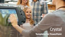  Presentation with credit card - Slide set enhanced with retail spending - joyful family paying for their background and a gray colored foreground