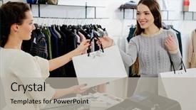  Presentation with bag - PPT theme featuring retail store - happy customer with shopping bag background and a light gray colored foreground