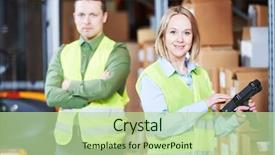  Presentation with barcode - PPT theme with retail systems - warehouse management system worker background and a mint green colored foreground