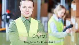  Presentation with barcode - PPT layouts featuring retail systems - warehouse management system worker background and a mint green colored foreground