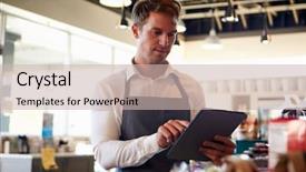  Presentation with employee stock options - Amazing presentation theme having retail technology - employee in delicatessen checking stock backdrop and a soft green colored foreground