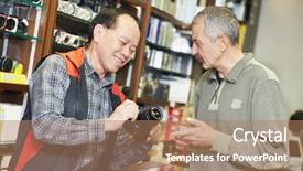  Presentation with virtual assistant artificial intelligence - Colorful slide set enhanced with retail vendor - assistant seller help buyer backdrop and a coral colored foreground