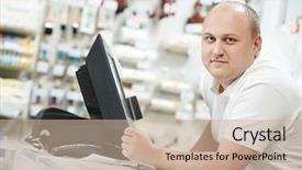  Presentation with home improvement - Beautiful slides featuring retail vendor - happy seller assistant man backdrop and a coral colored foreground