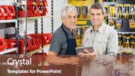  Presentation with hardware computer - Beautiful PPT layouts featuring retail vendor - portrait of salesman and customer backdrop and a tawny brown colored foreground