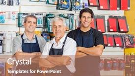  Presentation with hardware - Audience pleasing presentation theme consisting of retail vendor - portrait of smiling salesmen standing backdrop and a coral colored foreground