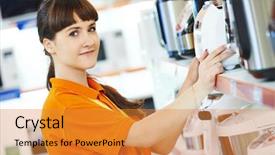  Presentation with supermarket - PPT theme with retail vendor - positive shop assistant in kithenware background and a gold colored foreground