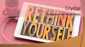  Presentation with coffee cup - PPT theme with rethink yourself word abstract background and a coral colored foreground