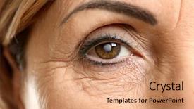  Presentation with eye cataract - Presentation design consisting of retina - cataract concept senior woman's eye background and a coral colored foreground