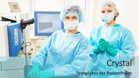  Presentation with eye retina - Audience pleasing PPT theme consisting of retina - female surgeon and assistant nurse backdrop and a light blue colored foreground