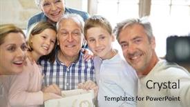  Presentation with birthday aprty for small kids - Colorful presentation design enhanced with retire familile - family celebrating grandfather birthday together backdrop and a soft green colored foreground