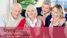  Presentation with nurse meeting a family - Slide deck with retire familile - portrait of smiling senior woman background and a red colored foreground