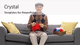  Presentation with sitting teddy bear isolated - Cool new PPT theme with retire man - senior sitting on a couch backdrop and a white colored foreground