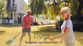  Presentation with home garden - Presentation design enhanced with retired-couple-at-work-watering background and a yellow colored foreground