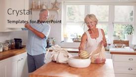  Presentation with food packaging - Slide deck having retired-couple-unpacking-local-food background and a mint green colored foreground