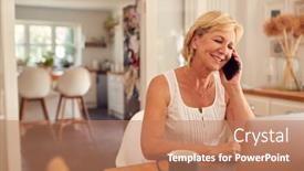  Presentation with kitchen - PPT theme having retired-woman-on-phone background and a coral colored foreground