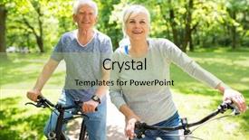 Presentation with senior fitness - Slide deck consisting of elderly fitness - senior couple riding bikes background and a mint green colored foreground