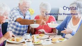  Presentation with retirement - Slide deck featuring eating medicine - seniors having lunch together background and a sky blue colored foreground