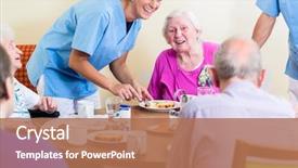  Presentation with seniors - Amazing PPT theme having retirement - group of seniors having food backdrop and a coral colored foreground